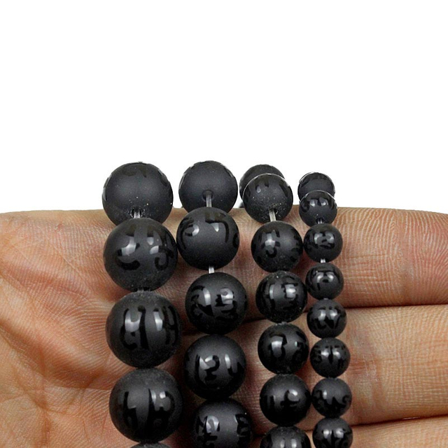 fiasrel 1bundle 6-12mm Matte Black Onyx Beads with Six-True-Words Mantra Engraved, Loose Glass Beads for DIY Necklace Bracelet Making