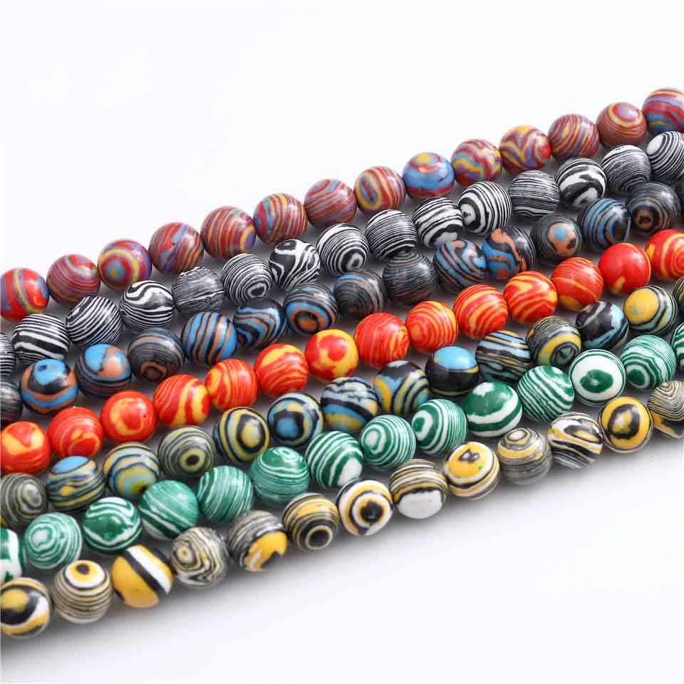 fiasrel 1bundle Round Natural Stones & Simulated Malachite Loose Beads for DIY Necklace Making