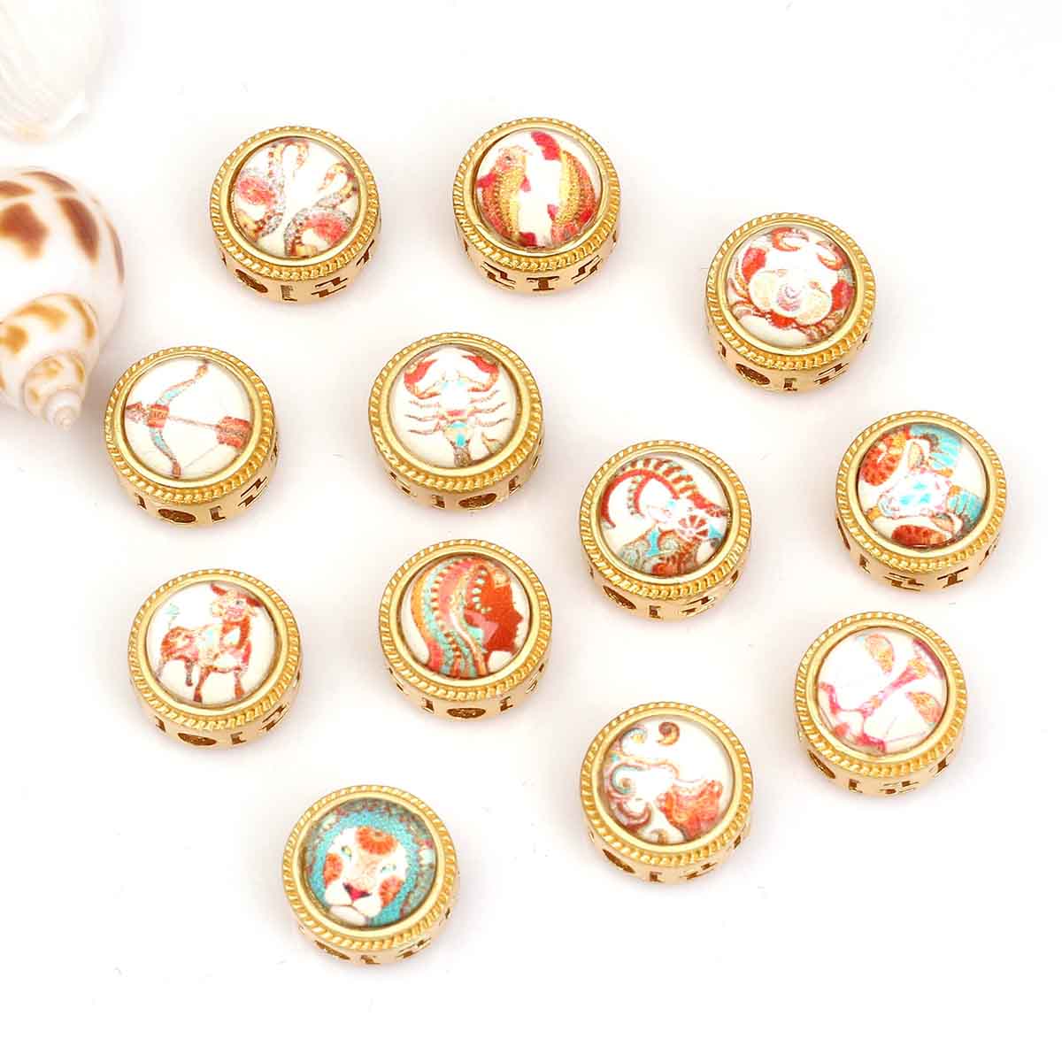 fiasrel 1bundle Antique Gold-Plated Zodiac Spacer Beads DIY Bracelet/Necklace Charms Sand Gold Alloy