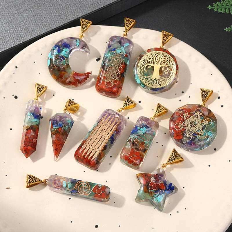 fiasrel Cross-Border Bestselling Natural Rainbow Crystal Chip Pendant - Hexagonal Prism Moon Rectangular Bar Wrap Necklace Jewelry