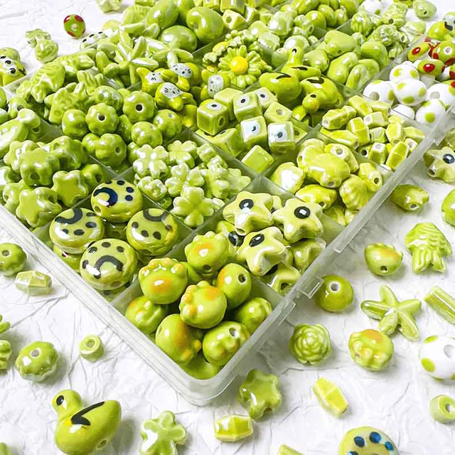 fiasrel 1bundle Green-toned Ceramic Loose Beads Set for DIY Bracelets Round, Heart, Star & Novelty-shaped Handmade Beading Supplies