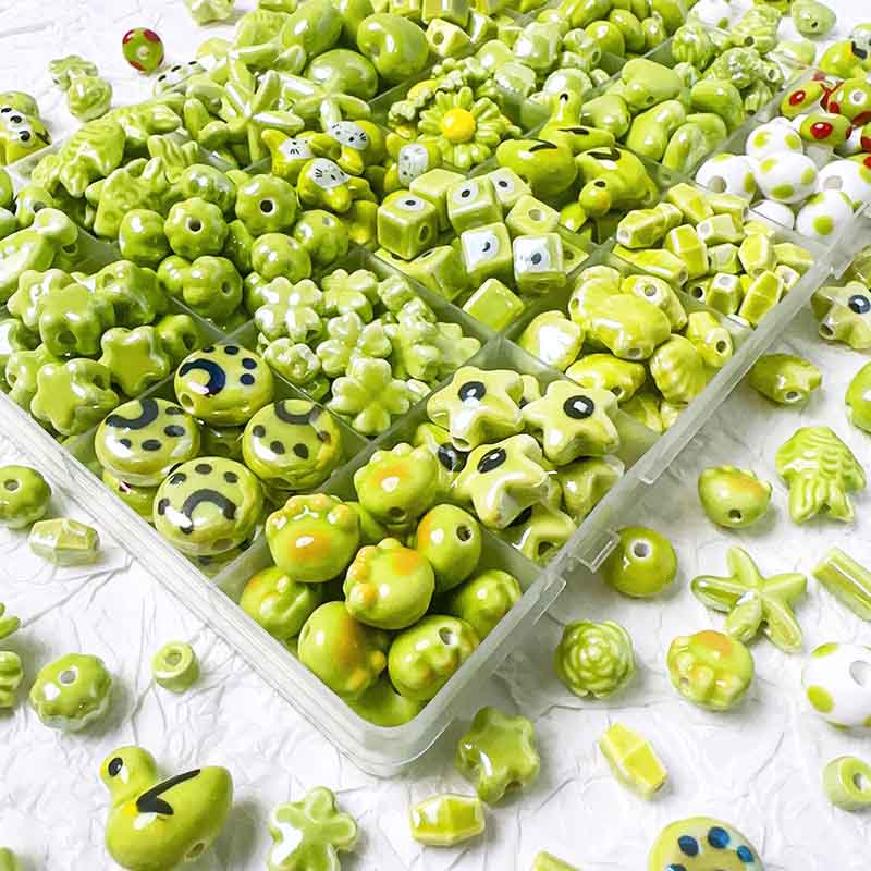 fiasrel 1bundle Green-toned Ceramic Loose Beads Set for DIY Bracelets Round, Heart, Star & Novelty-shaped Handmade Beading Supplies