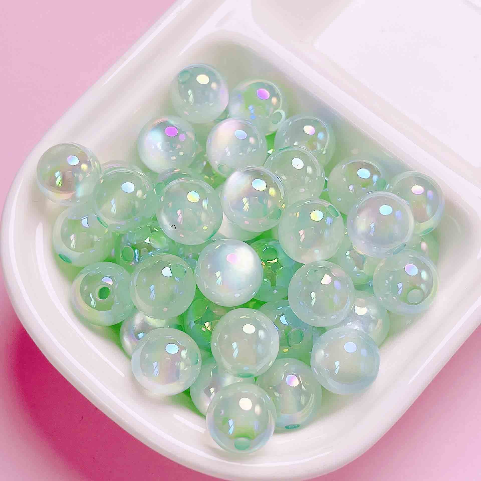 fiasrel 1bundle UV-coated Iridescent Jelly Cat's Eye Straight-hole Acrylic Round Beads for DIY Phone Straps Keychains & Accessories