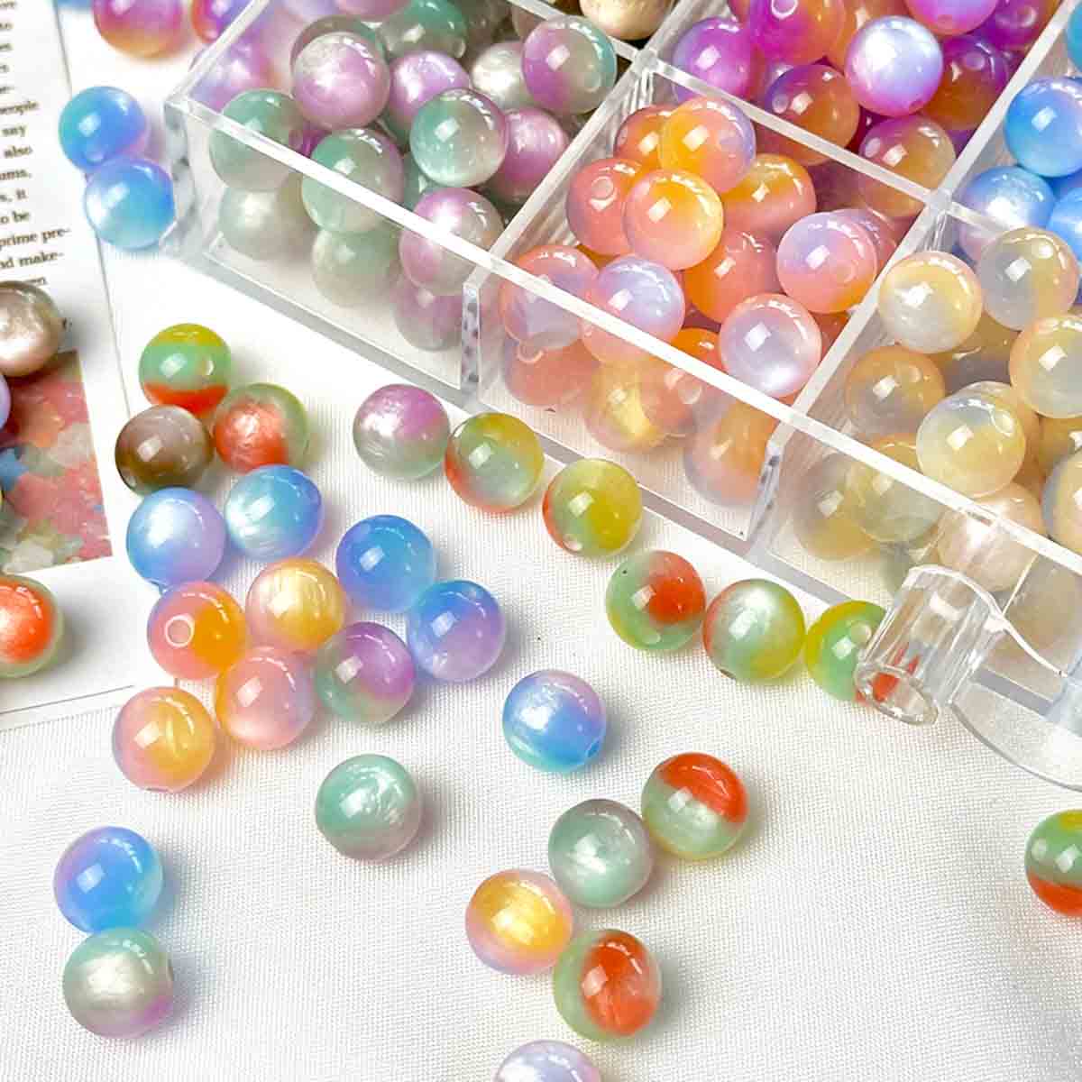 fiasrel 1bundle Iridescent Resin Straight-Hole Glossy Round Beads – DIY Loose Beads for Necklace Bracelet & Phone Charm Crafting