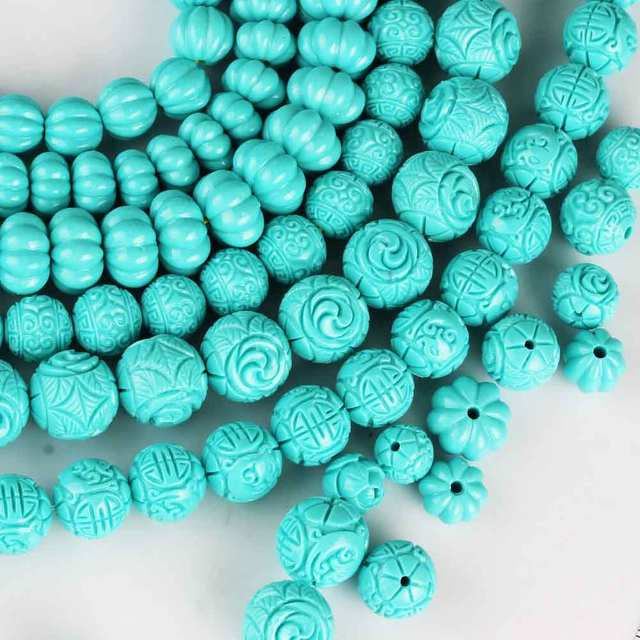 fiasrel 1bundle Turquoise-Pattern Carved Beads - Imitation Turquoise Pumpkin & Dragon Motif Round Loose Beads