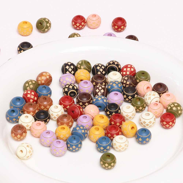 Fiasrel Hand-Carved Wooden Beads with Ethnic Patterns 