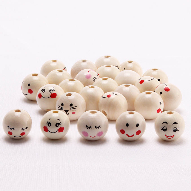 Fiasrel 100pcs 20mm Three-color smiley face wooden beads