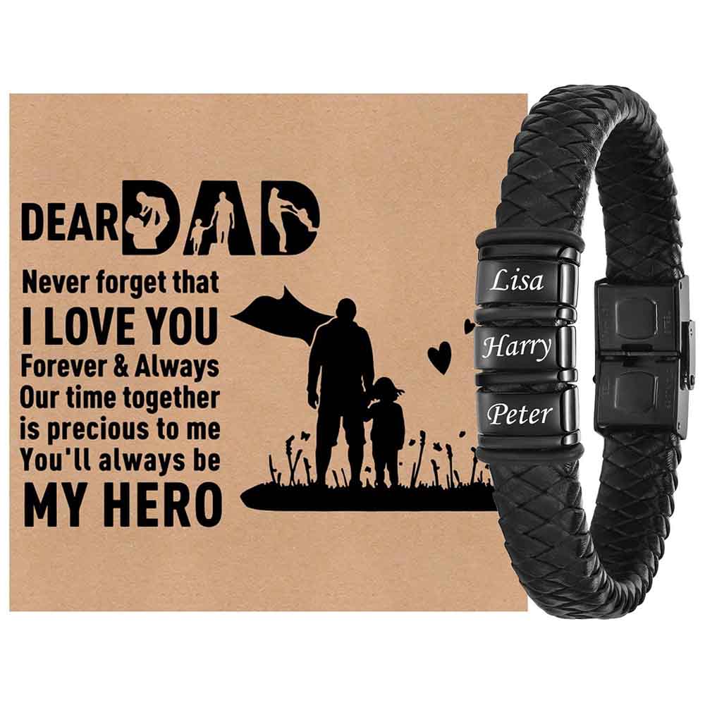 Fiasrel Custom Jewelry Personalized Mens Braided Leather Bracelet Adjustable Custom Beads with Family Names