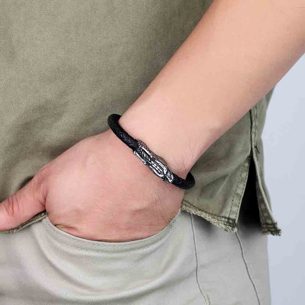 Fiasrel Men Jewelry Retro Dragon Pattern Genuine Leather Bracelet with Magnet Clasp