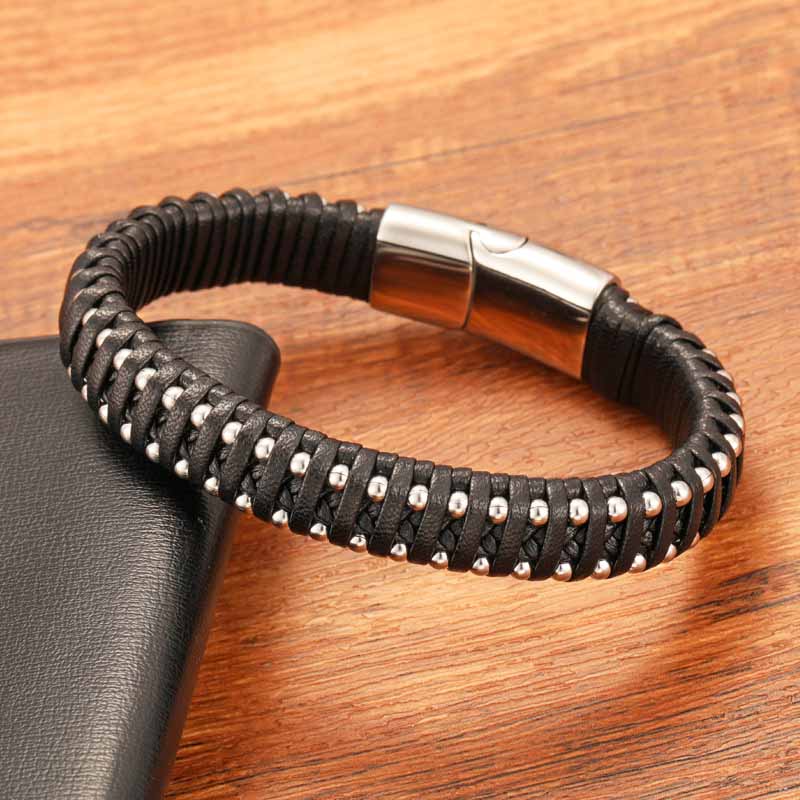 Fiasrel Vintage Charm Bracelets Stainless Steel Fancy Braided Leather Bracelet