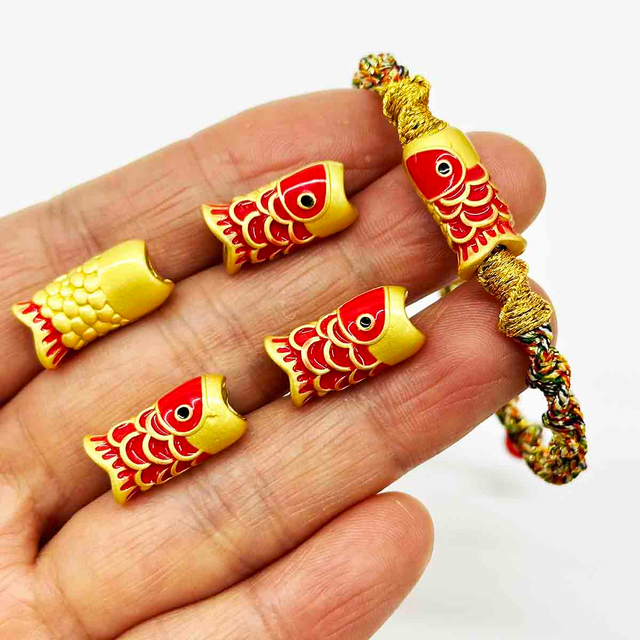 Fiasrel 2pcs Gold Arowana Gold Plating Big Hole Metal Fish Shape Loose Beads