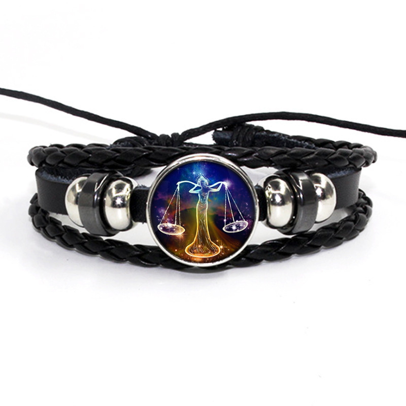 Fiasrel 12 Zodiac Signs Glow In Dark Charm Bracelet Men's and Women's Fashion Multi-layer Luminous Woven Leather Couple Bracelets
