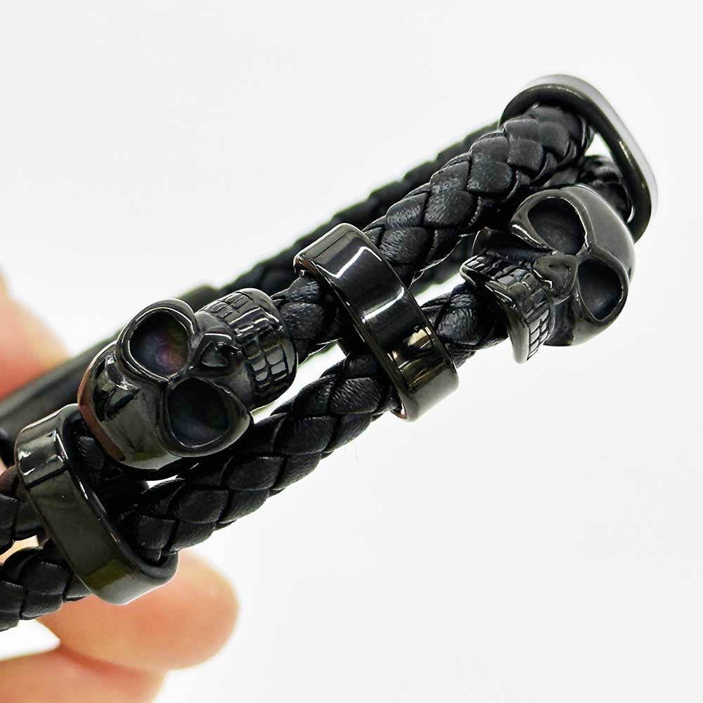 Fiasrel Stainless Steel Skull Beads Real Genuine Leather Bracelet Charm Skeleton Men Punk Bangle Jewelry