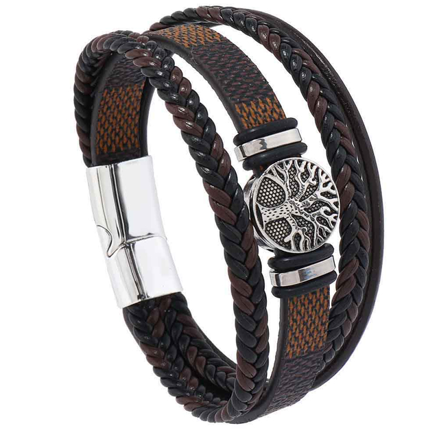 Fiasrel Magnetic Buckle Life Tree Accessories Mens PU Leather Bracelet Charms Luxury Jewelry Steel Bracelet