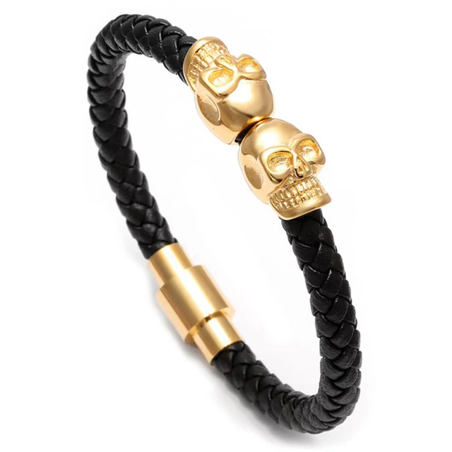 Fiasrel Stainless Steel Skull Bracelets Magnetic Buckle Mens Genuine Leather Bracelet
