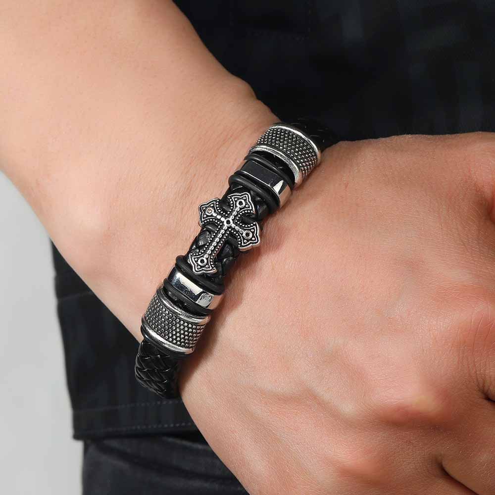 Fiasrel Stainless Steel Gold Plated Magnetic Christian Cross Leather Bracelets