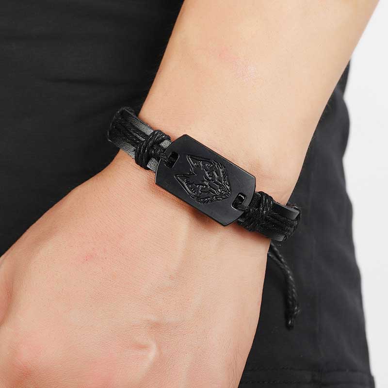 Fiasrel Black Wolf Woven Leather Bracelet Punk Style Jewelry Men Bracelets