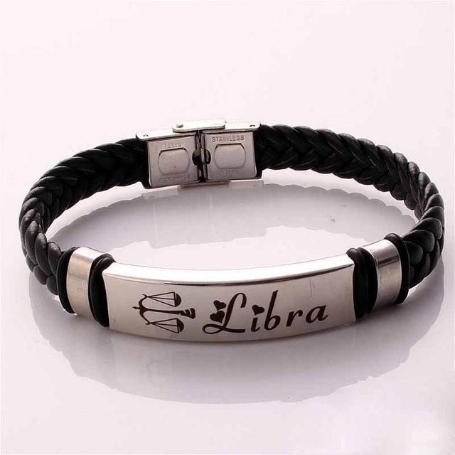 Fiasrel Twelve Constellations Bracelet Adjustable Size Leather Woven Rope Stainless Steel Bracelet