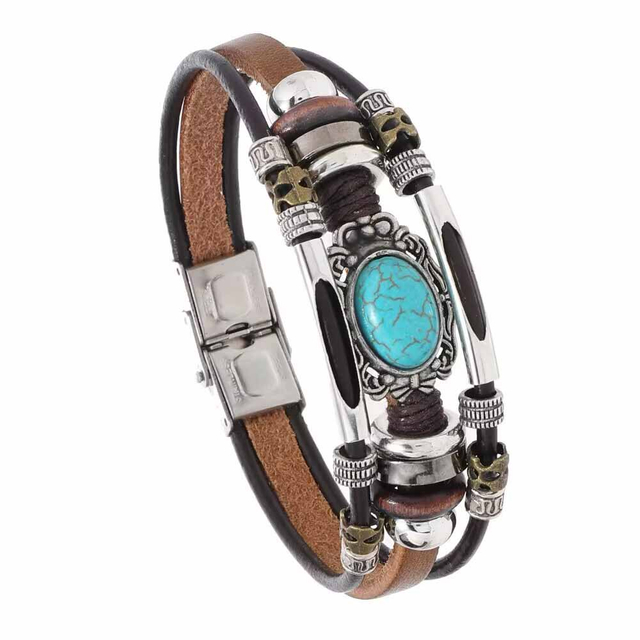 Fiasrel Beaded Leather Bracelet Men's Turquoise Stainless Steel Bracelet