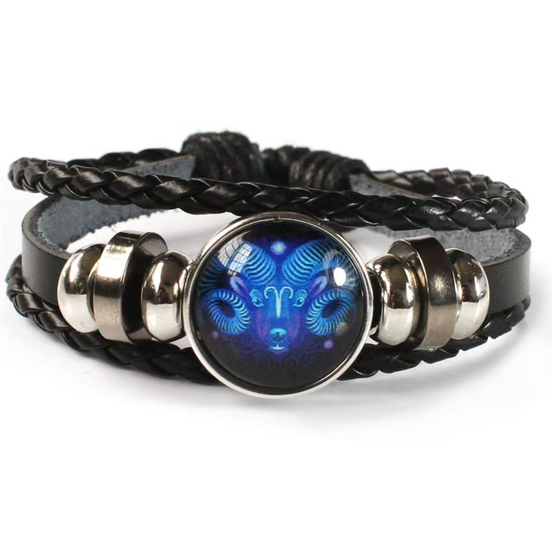 Fiasrel 12 Constellations Multi Layer Woven Glow in Dark Fashion Punk Cowhide Star Bracelet