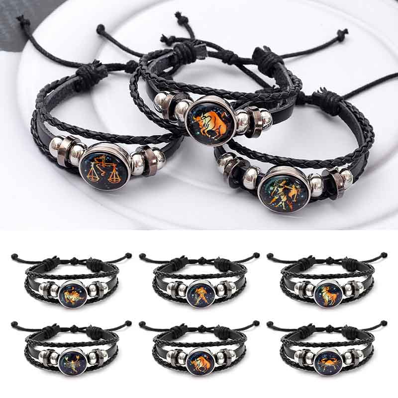 Fiasrel 12 Zodiac Bracelet Mens Bracelets Handmade Charm Leather Bracelet