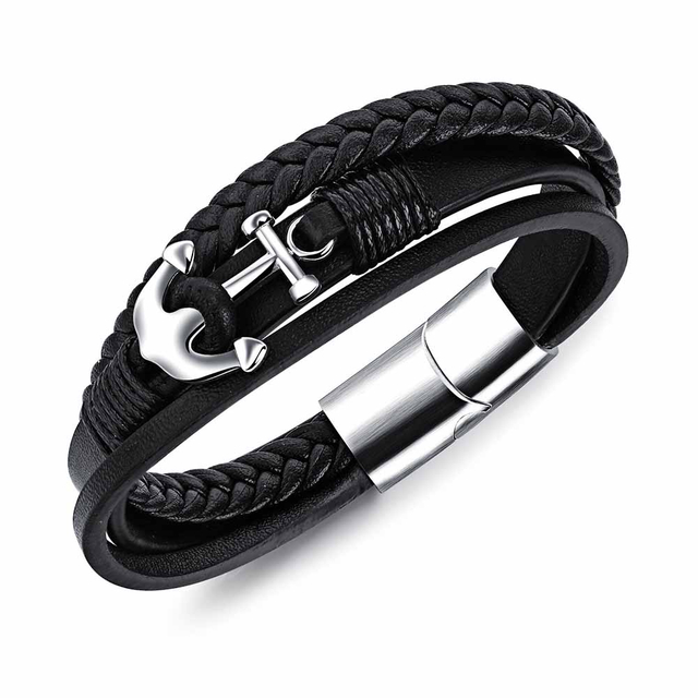 Fiasrel Leather Braided Men's Bracelet Titanium Steel Anchor Bracelet Ethnic Style Jewelry Bracelet