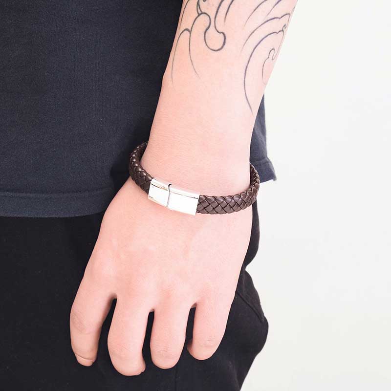 Fiasrel Jewelry Handmade Woven Genuine Leather Band Bracelet With Button Magnet Buckle