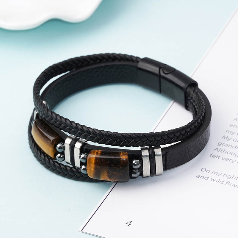 Fiasrel Multi-layer Natural Tiger Eyes Stone Leather Alloy Magnetic Clasp Bracelet Charm Jewelry