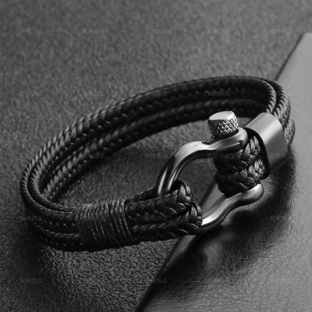 Fiasrel Leather Rope Braided Horseshoe Buckle Stainless Steel Bracelet Men's Accessories Titanium Steel Vintage Jewelry