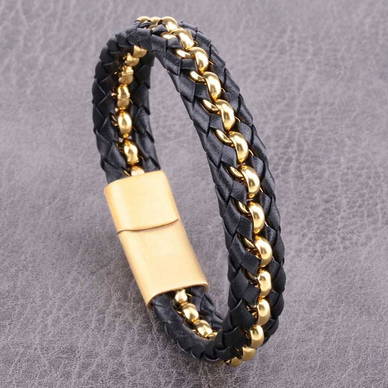 Fiasrel Vintage Charm Fashion Punk Black Braided Leather Bracelet Male Stainless Steel Bangle
