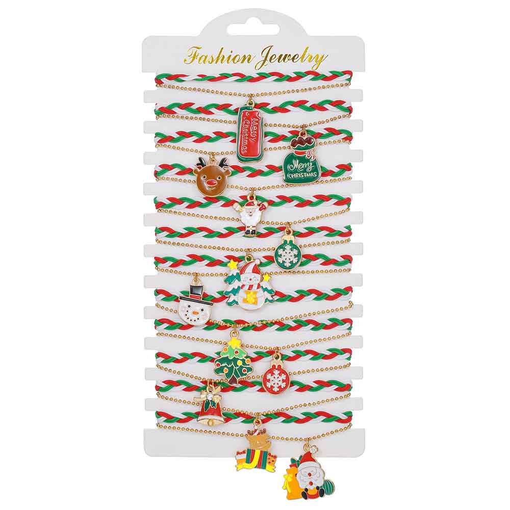 Fiasrel 12pcs Christmas Fashion Charm Bracelet Kit Santa Claus Elk Bell Woven Adjustable Festival Christmas Gift Bracelet