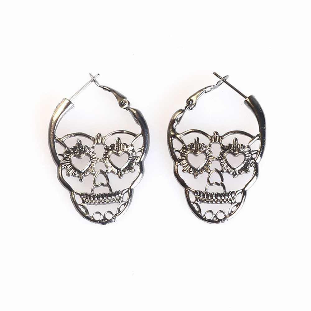 Fiasrel 1pair Spooky Skull Featured Silver Plated Halloween Drop Hoop Earrings for Women Girls