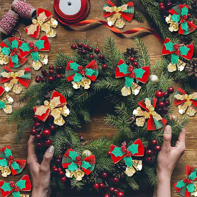 Fiasrel 5/20pcs Mini Bow Christmas Tree Decoration Christmas Bow Bell Handmade Ribbon Hanging