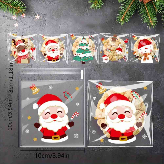 Fiasrel 100pcs/bag Christmas Opp Bags Self-adhesive Candy & Cookie Christmas Bags