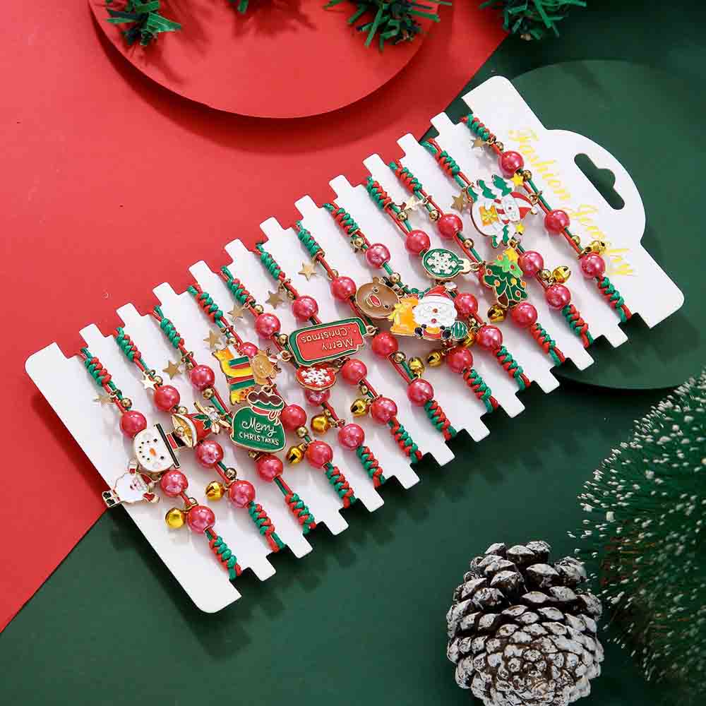 Fiasrel 12pcs/set Christmas Trend Fashion Charm Bracelet Set Santa Claus Elk Bell Woven Adjustable Festival Christmas Gift Bracelets