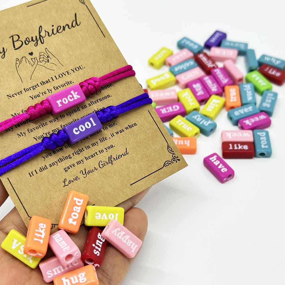 Fiasrel 50/100/500pcs Mixed Color Rectangle Word Phrase Acrylic Beads for DIY Jewelry Making Bracelets Necklaces Craft Supplies