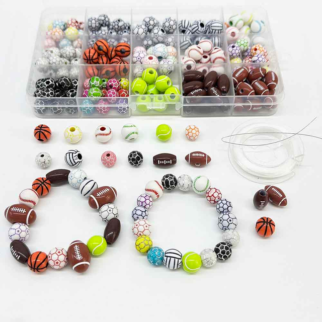 Sporty Acrylic Beads Kit: Acrylic Football Baseball Basketball Soccer Volleyball Softball Beads for DIY Jewelry Crafts Making