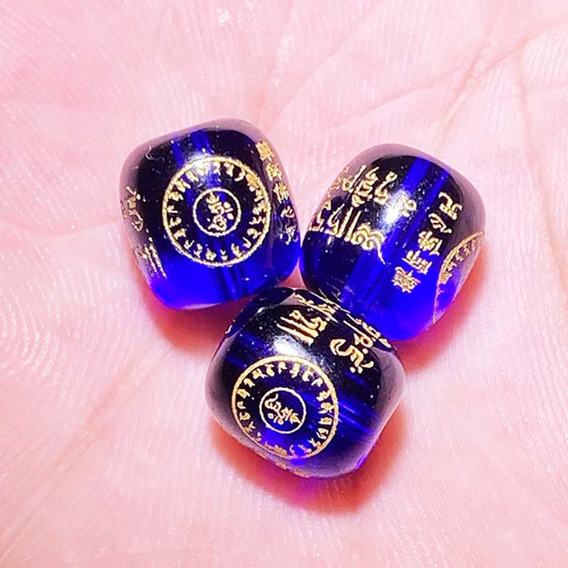 Fiasrel Medicine Buddha Mantra Barrel Beads | Blue Dharani Engraved Beads | DIY Prayer Bracelet Kit with Sacred Script Spacers