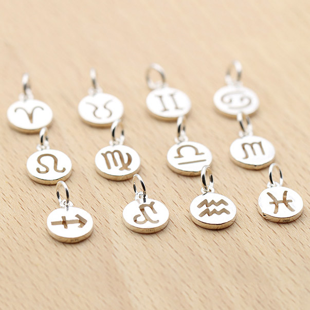 fiasrel 1bundle S925 Sterling Silver 12 Zodiac Charms – Round Pendant for DIY Bracelet Jewelry