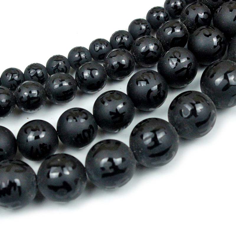 fiasrel 1bundle 6-12mm Matte Black Onyx Beads with Six-True-Words Mantra Engraved, Loose Glass Beads for DIY Necklace Bracelet Making