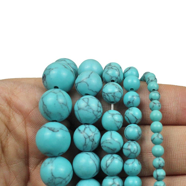 fiasrel 1bundle 4-12mm Light-Veined Turquoise Loose Beads with Black Lines - Round Beads for DIY Bracelet Necklace & Earring Jewelry Making Natural Stone Beads