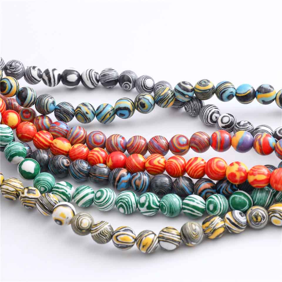 fiasrel 1bundle Round Natural Stones & Simulated Malachite Loose Beads for DIY Necklace Making