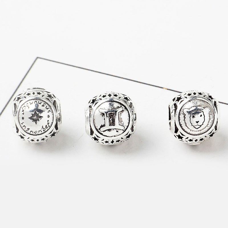 fiasrel 1bundle 12 Zodiac Large Hole Beads for Bracelets, Stylish DIY Women's Alloy Zodiac Charm Beads
