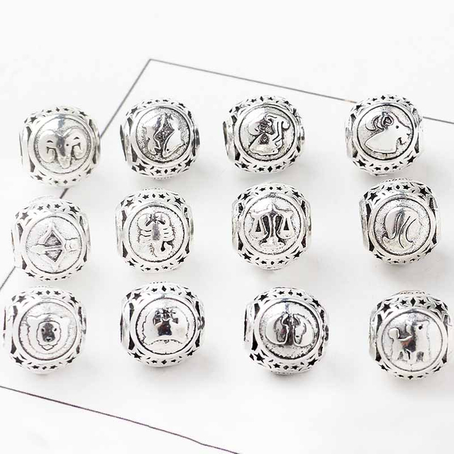 fiasrel 1bundle 12 Zodiac Large Hole Beads for Bracelets, Stylish DIY Women's Alloy Zodiac Charm Beads