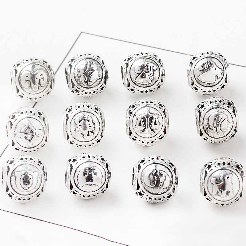 fiasrel 1bundle 12 Zodiac Large Hole Beads for Bracelets, Stylish DIY Women's Alloy Zodiac Charm Beads