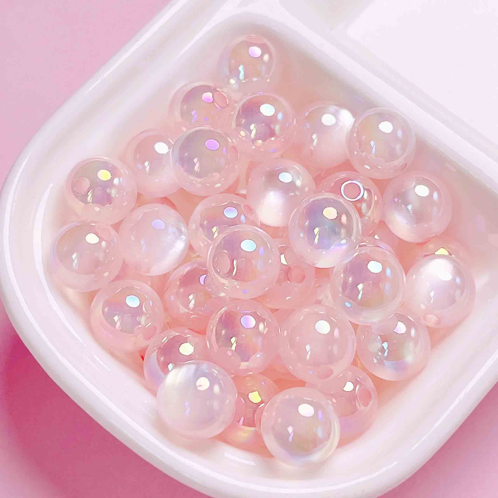 fiasrel 1bundle UV-coated Iridescent Jelly Cat's Eye Straight-hole Acrylic Round Beads for DIY Phone Straps Keychains & Accessories