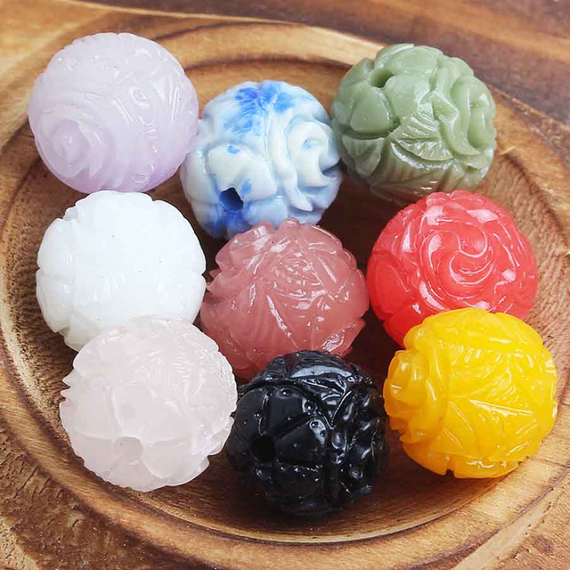 fiasrel 1bundle 10mm Synthetic Stone Powder Double-Sided Rose Carved Round Bead