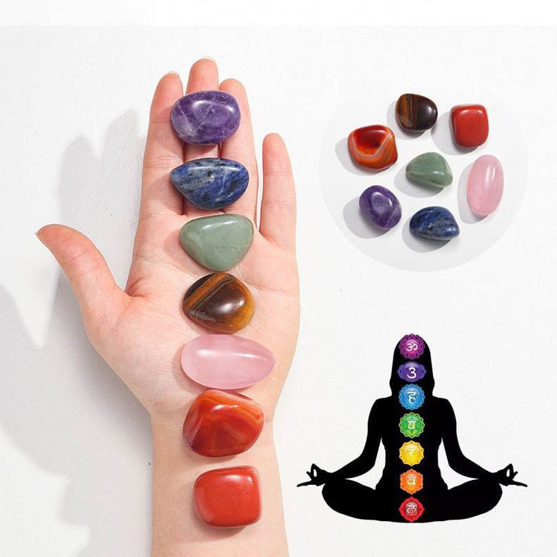 fiasrel 1bundle Natural Rainbow Crystal Collection - Seven Chakra Tumbled Stones with Large Granule Rose Quartz Tiger’s Eye & Amethyst