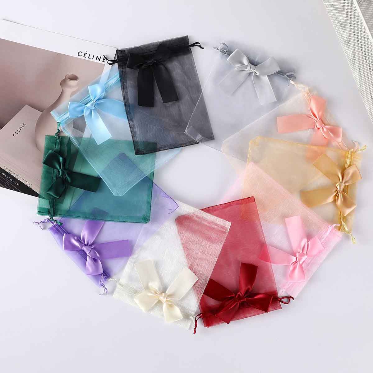 Fiasrel 10pcs Bow transparent mesh jewelry bag