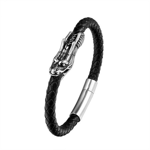 Fiasrel Men Jewelry Retro Dragon Pattern Genuine Leather Bracelet with Magnet Clasp